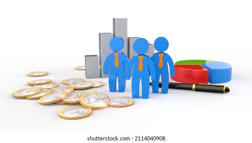 Bureaucracy, Government Officials, Subsidies, White Background Of Financial Chart With Euro Coins 3D Render