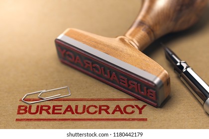 Bureaucracy words stamped on a brown paper with rubber stamp. Red tape concept. 3D illustration