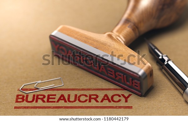 Bureaucracy words stamped on a brown\
paper with rubber stamp. Red tape concept. 3D\
illustration