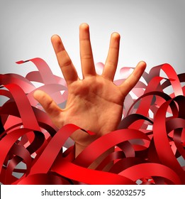 Bureaucratic Red Tape Problem As A Human Hand Tangled In Bureaucracy And Regulations As A Business Concept And Symbol Of Government Gridlock Or Corporate Regulatory Confusion.