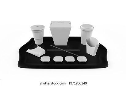 Burger Bar Set With  Blank For Design Fast Food Cardboard Tableware Mockup Template Paper Cups. 3d Illustration