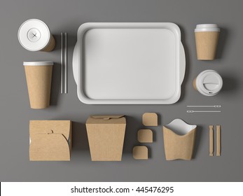 Burger Bar Set Craft Paper Blank Design Fast Food Cardboard Tableware. Mockup Template Kraft Cardboard Cups Coffee. Package Wok Box French Fries Potato Chicken Nugget. Gray Background 3d Illustration.