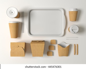 Burger Bar Set Craft Paper Blank Design Fast Food Cardboard Tableware. Mockup Template Kraft Cardboard Cup Coffee. Package Wok Box French Fries Potato Chicken Nugget. White Background 3d Illustration.