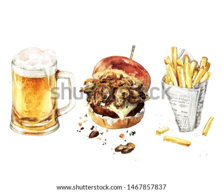 Burger, Beer, Fries combo. Watercolor Illustration