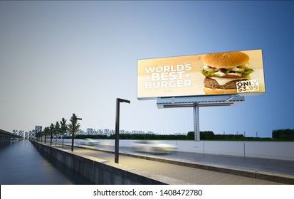 Burger Billboard On Highway 3d Rendering Mockup