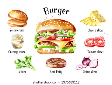 Burger with cheese and vegetables ingredients set. Watercolor hand drawn illustration, isolated on white background - Powered by Shutterstock