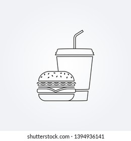 Burger With Drink. Fast Food Outline Icon. Sandwich With Soda Beverage Symbol. 
