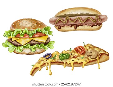 Burger, Hot dog, and Pizza on a white background. Can be used for a menu design, food blog, social media post, advertisement, food delivery service logo. Promoting a restaurant, cafe, or snack bar. - Powered by Shutterstock