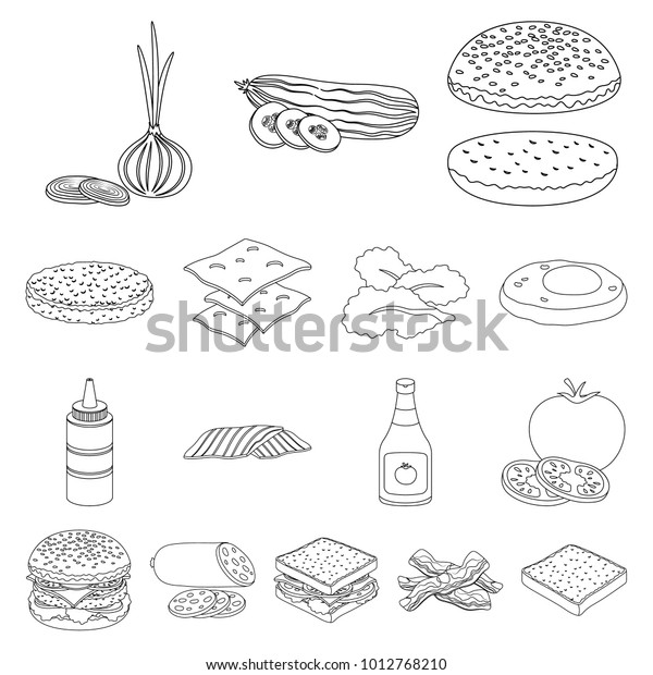 Burger and\
ingredients outline icons in set collection for design. Burger\
cooking bitmap symbol stock web\
illustration.