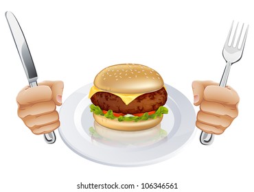 A burger plate and hands holding knife   fork