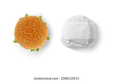 Burger and paper wrapped burger mockup isolated on white background.Classic burger packed in the wrapping paper mockup isolated on white background. Top view. 3d rendering.	 - Powered by Shutterstock