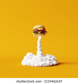 Burger rocket and smoke on yellow background. Creative idea. Minimal fast food concept. 3d rendering