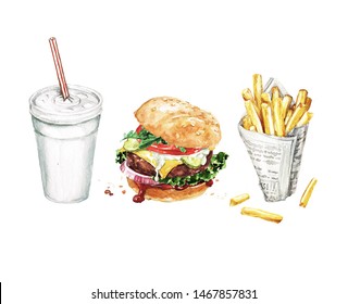 Burger, Soda, Fries Combo. Watercolor Illustration