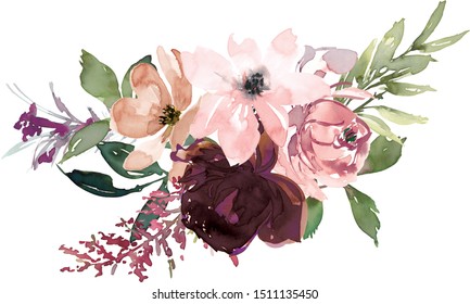 Burgundy Blush Watercolor Floral Arrangements Isolated On White Background