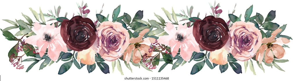 Burgundy Blush Watercolor Floral Arrangements Isolated On White Background