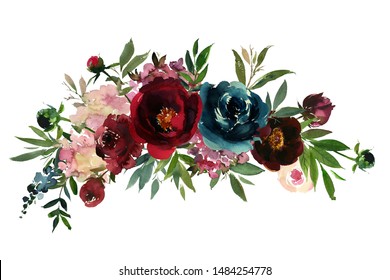 Burgundy Navy Blue Wine Colors Watercolor Floral Arrangements Isolated on White Background