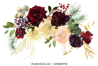 Burgundy White Navy Blue Watercolor Floral Bouquets With Golden Leaves Isolated On White Background