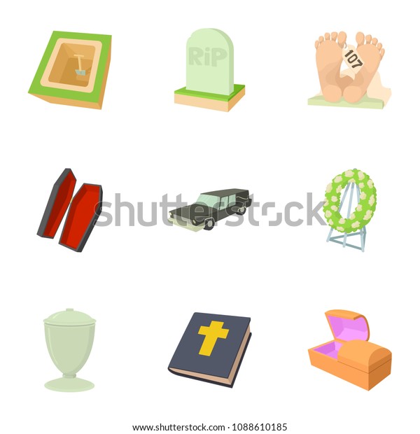 Burial service icons set.\
Cartoon set of 9 burial service icons for web isolated on white\
background