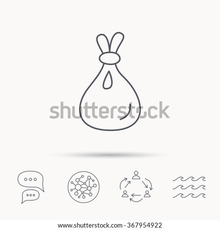 Burlap sack icon. Textile bag sign symbol. Global connect network, ocean wave and chat dialog icons. Teamwork symbol.