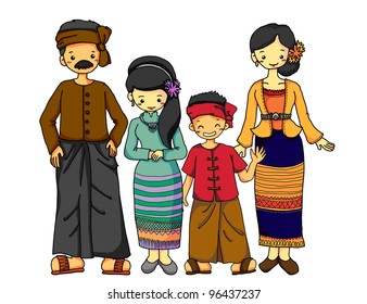 Burmese Family In Burmese Traditional Costume