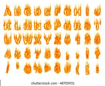 Burning alphabet letters and numbers isolated on white background. 3D illustration