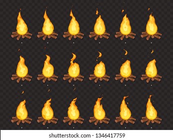 Burning Bonfire Animation. Hot Fire, Outdoor Campfire And Bonfires Animated Burn Flame Light Dance Motion Storyboard For Game. Cartoon  Isolated Sprites Frames