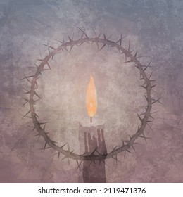 A burning candle and crown of thorns symbolizing the Service of Shadows during Holy Week. In vintage style, with light pastels.