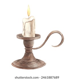 Burning candle in a metal copper candlestick in vintage style. Watercolor hand drawn illustration on isolated background in vintage style. The pattern is suitable for cards, books, invitations - Powered by Shutterstock