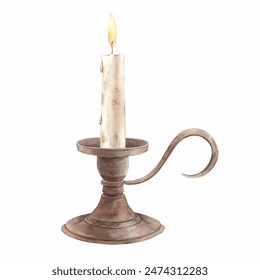 Burning candle in a metal copper candlestick in vintage style. Watercolor hand drawn illustration on isolated background in vintage style. The pattern is suitable for cards, books, invitations - Powered by Shutterstock