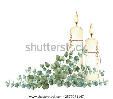 Burning candles with Eucalyptus silver dollar plant green branches Religious Watercolor hand drawn arrangement for first communion, Easter, baptism, wedding card isolated from background illustration 