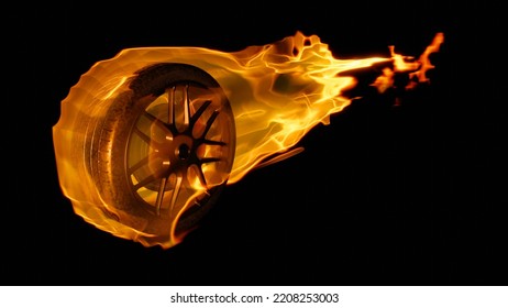 Burning Car Wheel With Fire Trail On Black Isolated Background 3d Render