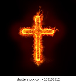 a burning christian cross sign with flames, for religion concepts