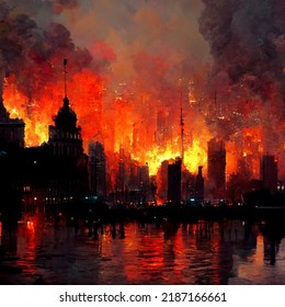 Burning City Illustration A City Engulfed In Flames