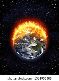 Burning Earth Globe North And South America, Starfield Background, Climate Change Concept, 3d Render