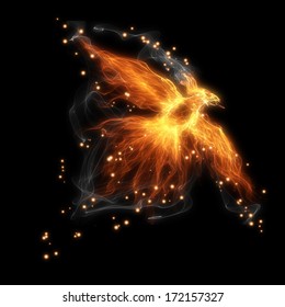 burning fiery bird flies on a black background.
