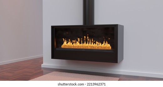 Burning Fireplace, Cozy Home Interior. Fire Burning, Freestanding Gas Stove, Modern Living Room. 3d Render