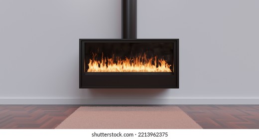 Burning Fireplace, Cozy Home Interior. Fire Burning, Freestanding Gas Stove, Modern Living Room. 3d Render