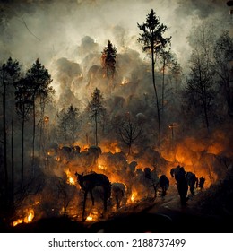 A Burning Forest With Fleeing Animals