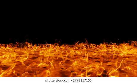 Burning ground fire flame texture, realistic hot lava field or raging hellfire surface isolated on black background