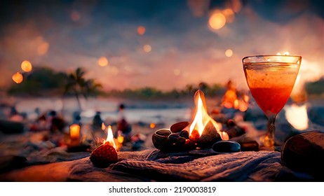 Burning lights and bonfire on a tropical beach with cocktail, ocean and palm trees, group of people on background. Romantic date concept. Abstract painting - Powered by Shutterstock