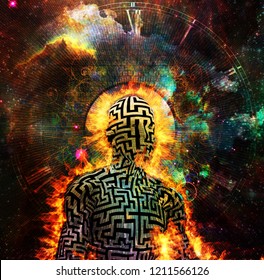 Burning man with maze pattern. Clock face and vivid universe background. 3D rendering