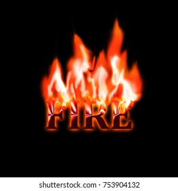 Burning melting word fire on a black background. A red-hot text 