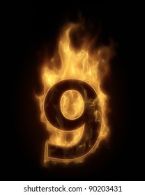 Burning number nine in hot fire real 3D simulation