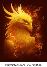 Burning phoenix head on the dark background. Digital painting. 