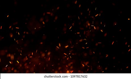 Burning Red Hot Sparks Fly From Large Fire In The Night Sky. Beautiful Abstract Background On The Theme Of Fire, Light And Life. Burning Embers Glowing Flying Away Particles Over Black Background.