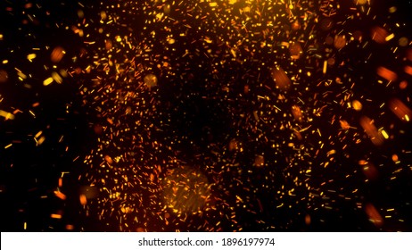 Burning red hot sparks fly from large fire in the night sky. Beautiful abstract background on the theme of fire, light and life. Burning embers glowing flying away particles over black background.