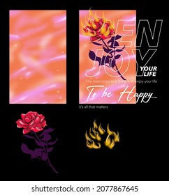 burning rose illustration and slogan  print design and isolated graphic elements for designers