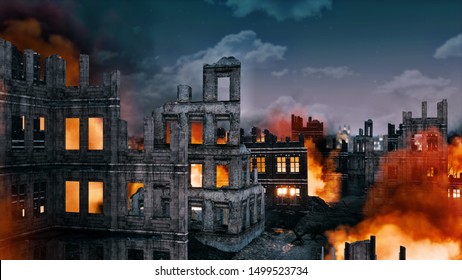 Burning ruins of destroyed after WW2 historical buildings in old abandoned european city at night. With no people 3D illustration on war and destruction theme.
