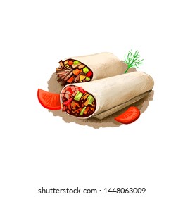 Burrito With Vegetables Rolled In Pita Bread, Kebab Isolated On White Background. Street Food, Take-away, Take-out. Fast Food Hand Drawn Digital Illustration. Graphic Clip Art Design For Web, Print