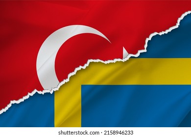 Bursa, Turkey - May 21, 2022: Turkey And Sweden Waving Silk Flag Ripped Paper Background. Turkey Opposes Sweden Joining NATO.